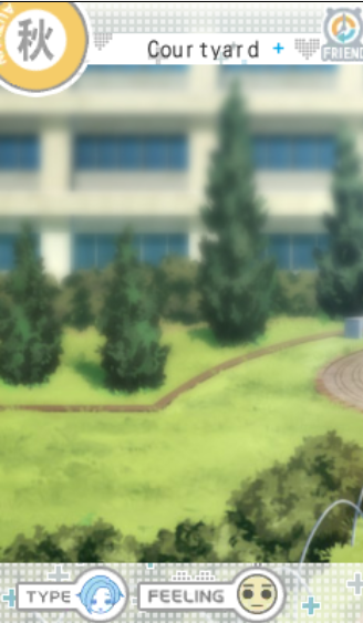 Bottom-screen location view of the school courtyard. The header reads Courtyard, with an autumn season badge and TYPE and FEELING buttons along the bottom.