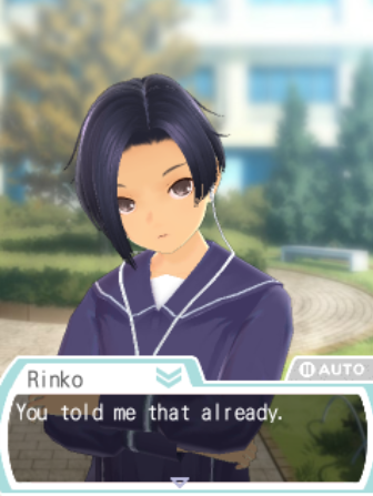 Rinko stands with her arms crossed in the courtyard. The dialogue box reads "Rinko: You told me that already." with an AUTO indicator.