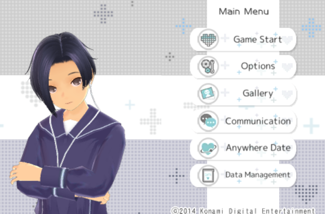 Main Menu in English with Rinko standing at the left. Options read Game Start, Options, Gallery, Communication, Anywhere Date, and Data Management.